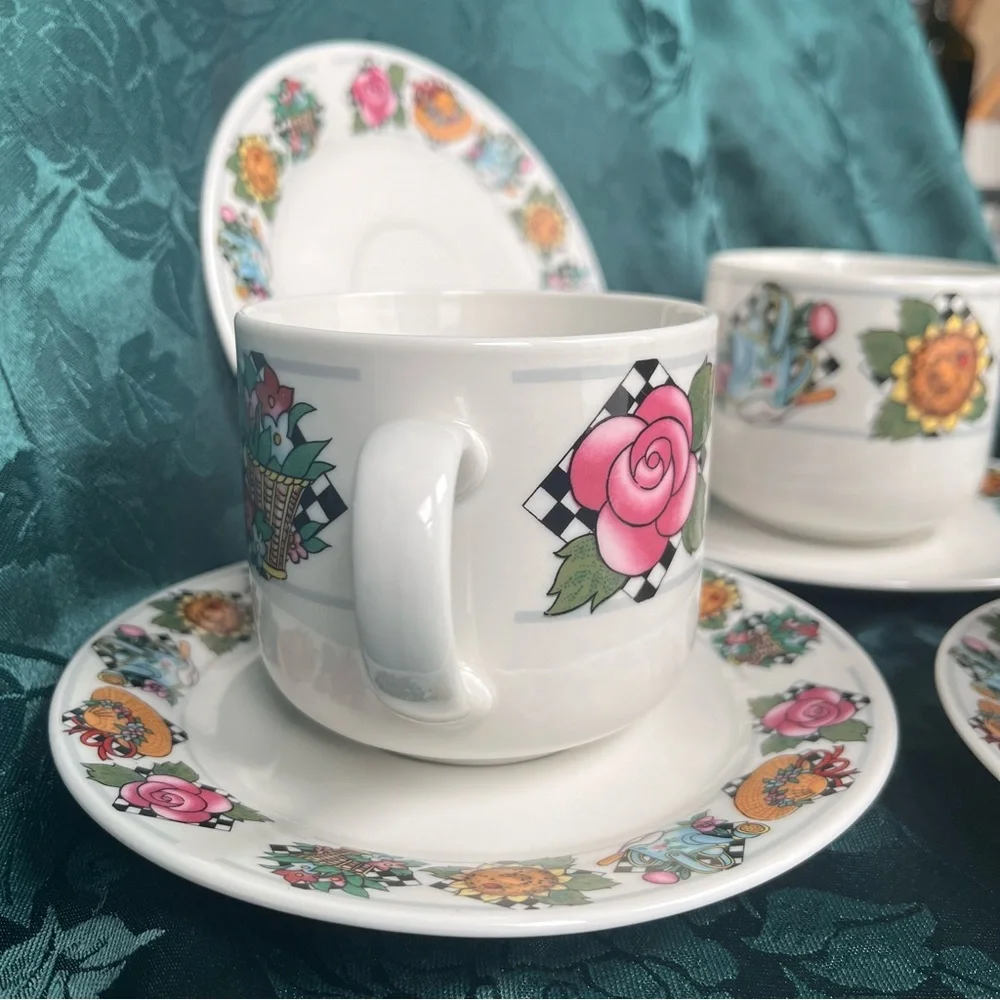 Vintage UTE Tea 3 Cups & 4 Plates Charming Hats & Florals in Engelbreit-style